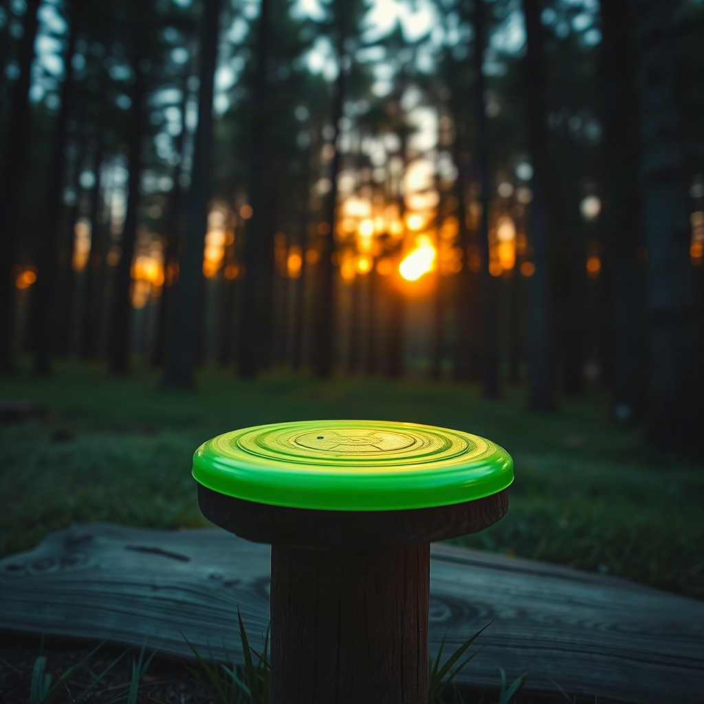 A disc on a wooden tee pad in the trees