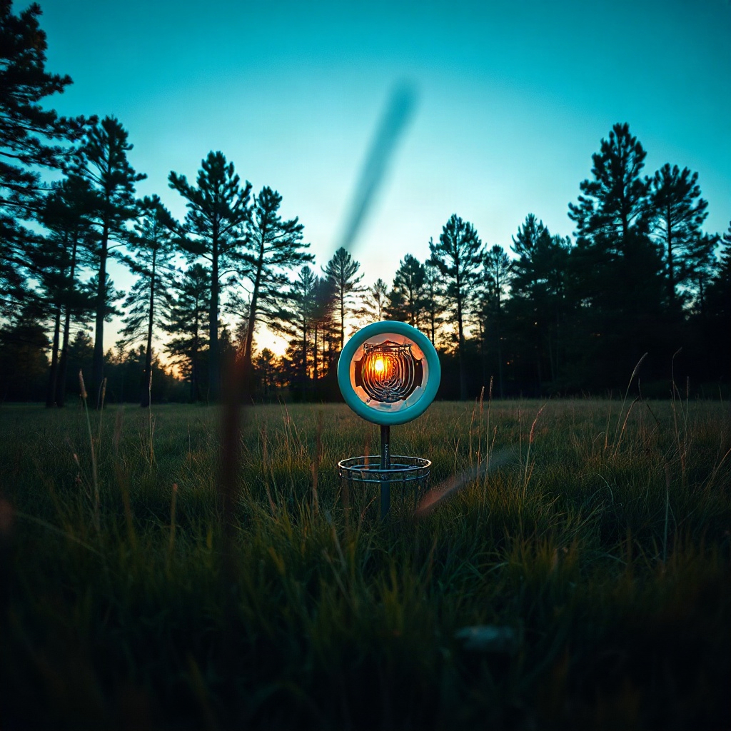 A disc golf basket in a windy clearing