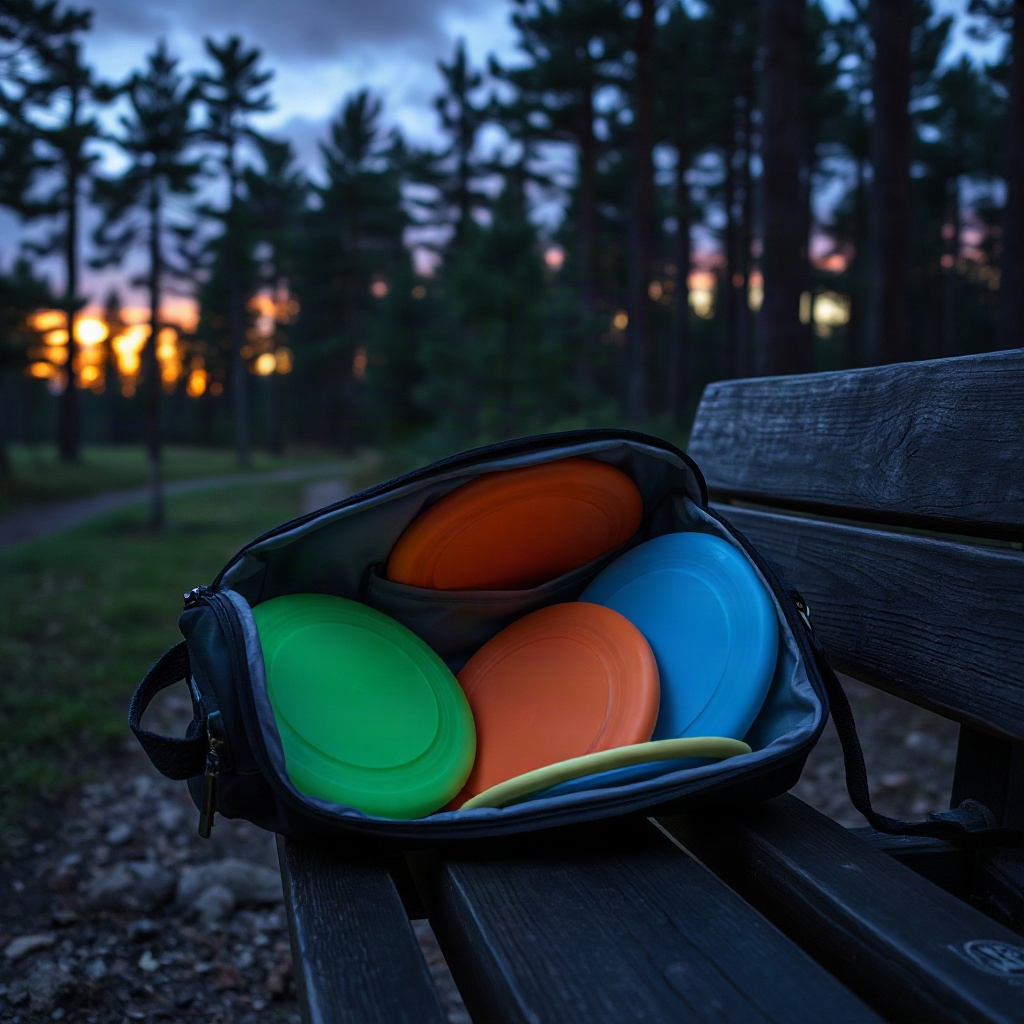 A bag of discs on a bench beside a forest path