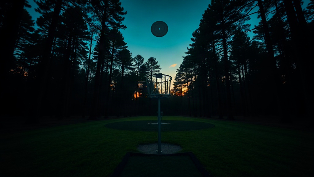 A disc in flight down a pine fairway at dusk
